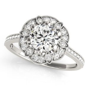 Single Row Halo Floral Milgrain Engagement Rings