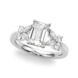 Contemporary Floral Emerald Cut Engagement Ring