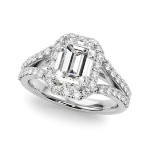 Split Shank Emerald Cut Halo Engagement Ring