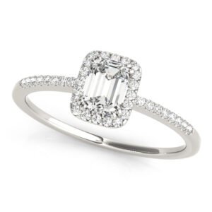 Single Row Halo Emerald Cut Engagement Ring