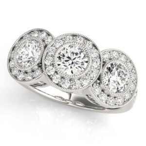 3-Stone Bezel Set Milgrain Halo Engagement Ring